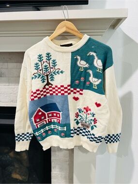 Vintage Eddie Bauer Cream Sweater with Teal, Red and Blue Patchwork Farm Motif
